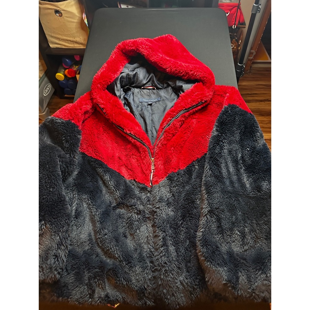 Tommy Hilfiger Red Black Faux Fur Hooded Colorblock Jacket Large